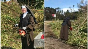 Monja con motosierra alborota las redes luego del huracán Irma